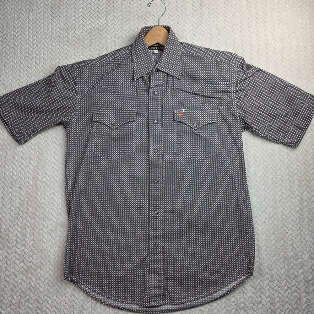 Stetson Mens Short Sleeve Western Pearl Snap Shirt Grey Orange Geometric Small